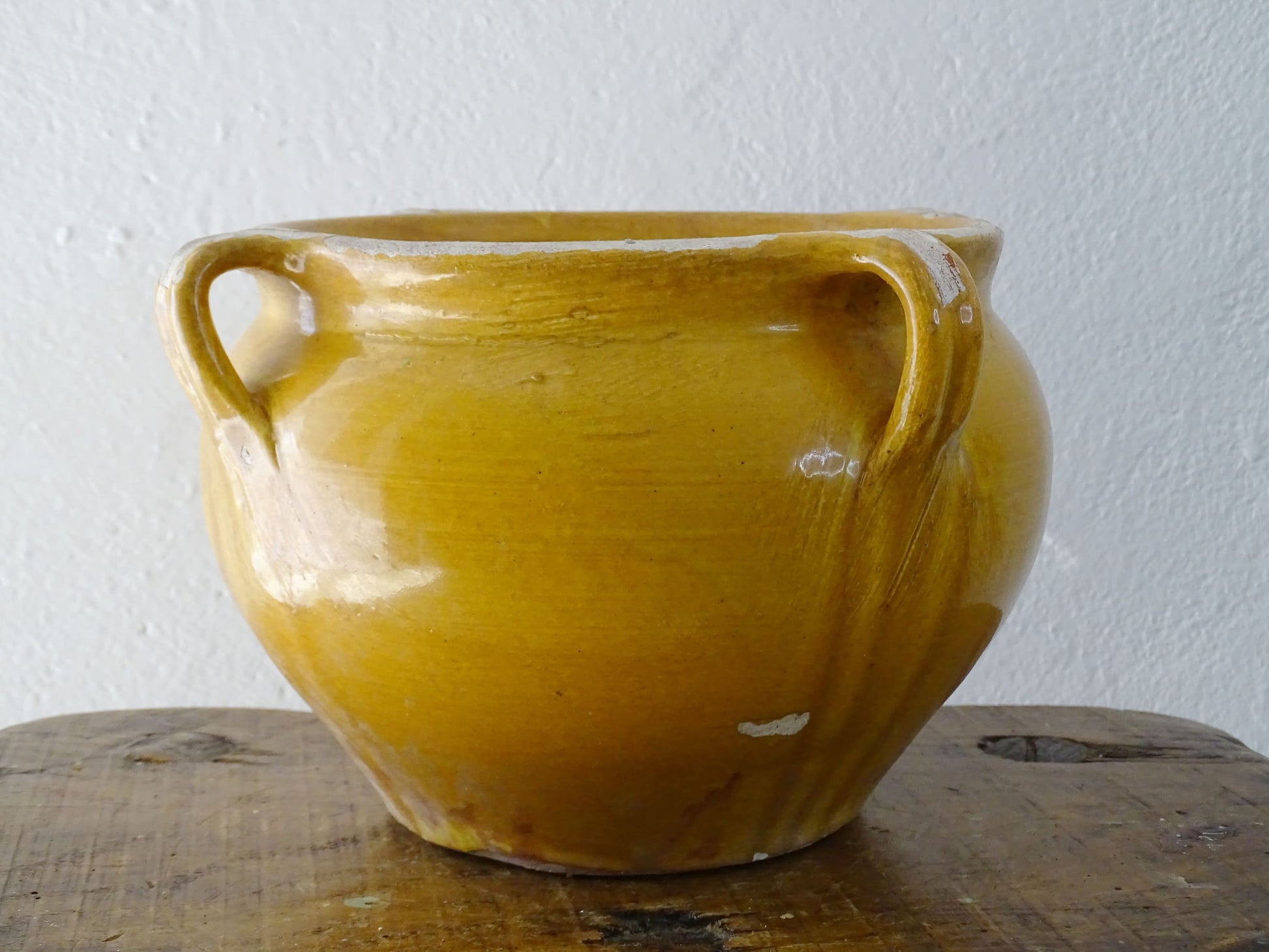 French antique terracotta planter or jardiniere with yellow glaze