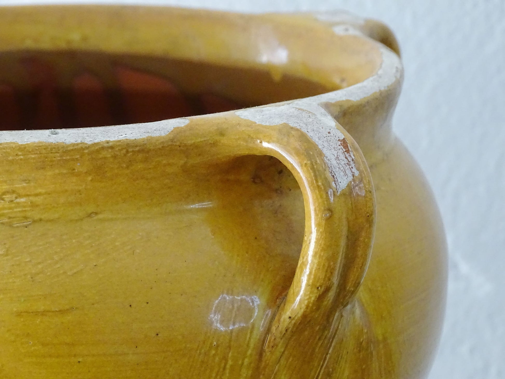 French antique terracotta planter or jardiniere with yellow glaze