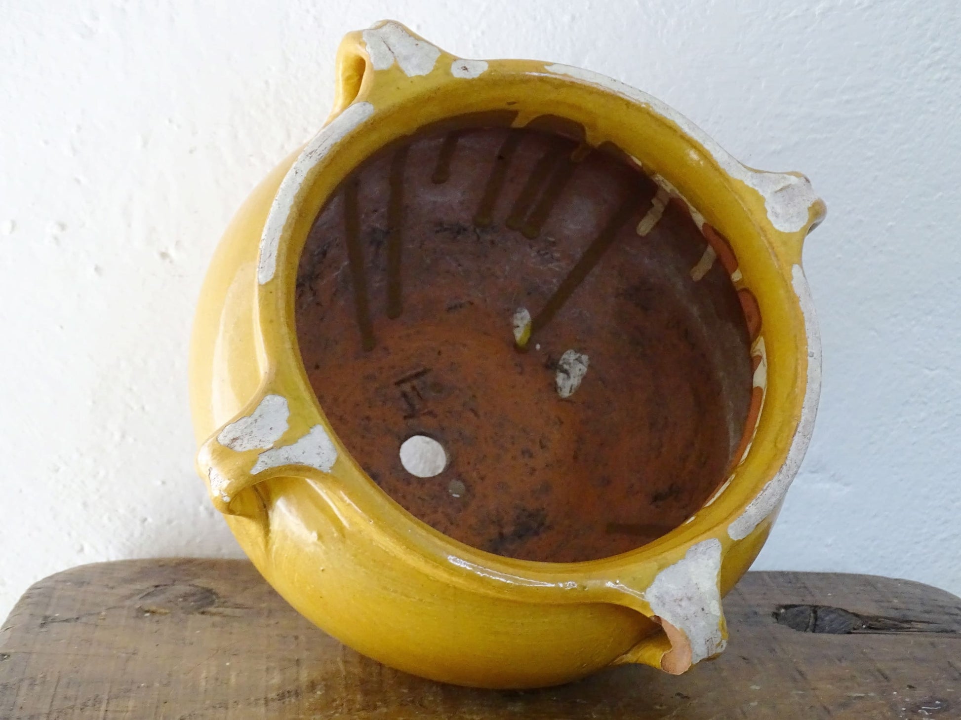 French antique terracotta planter or jardiniere with yellow glaze