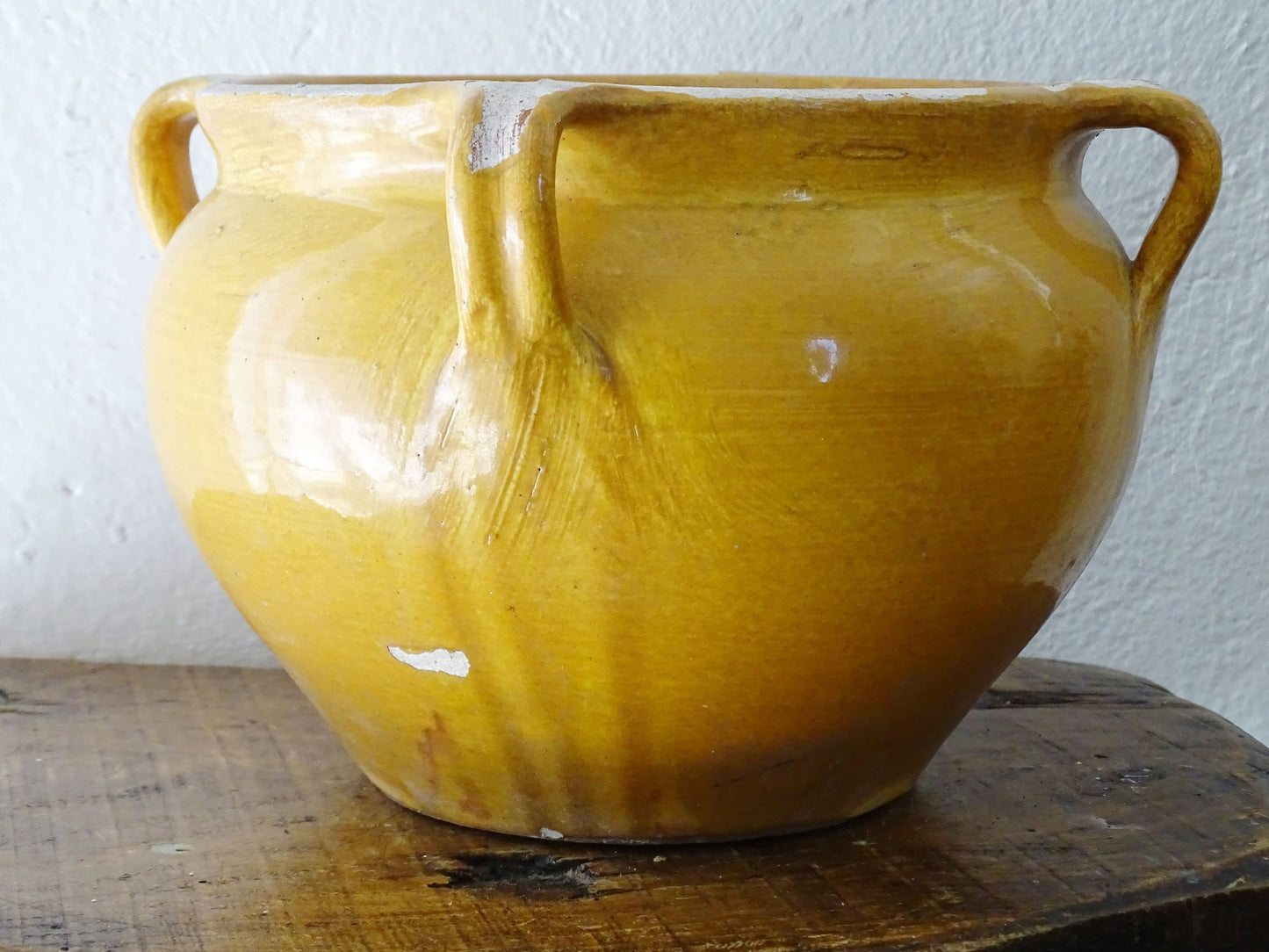 French antique terracotta planter or jardiniere with yellow glaze