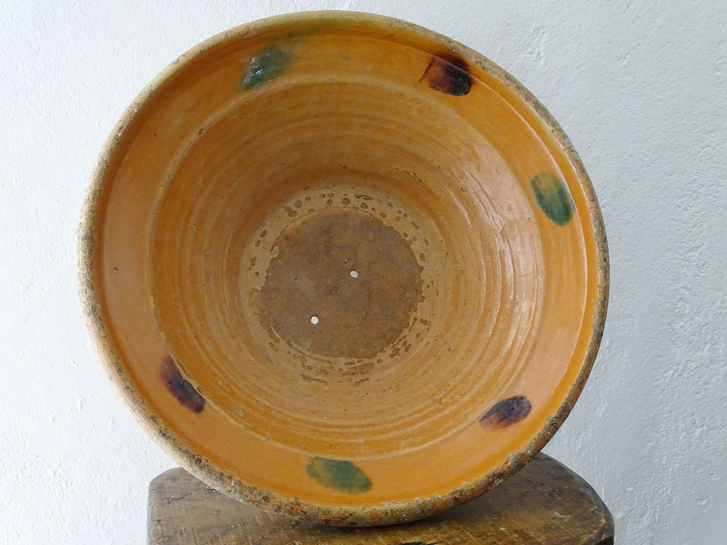 Large Antique French Pottery Basin with Orange Glaze, Large Terracotta Bowl or Tian, Pottery Strainer