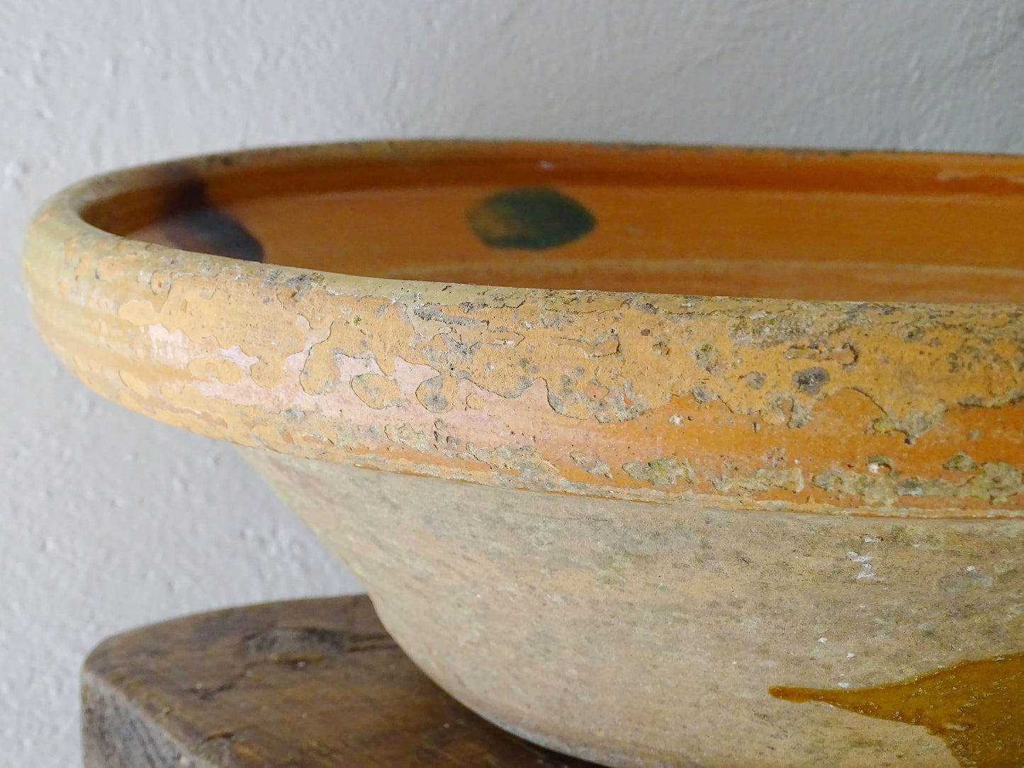 Large Antique French Pottery Basin with Orange Glaze, Large Terracotta Bowl or Tian, Pottery Strainer