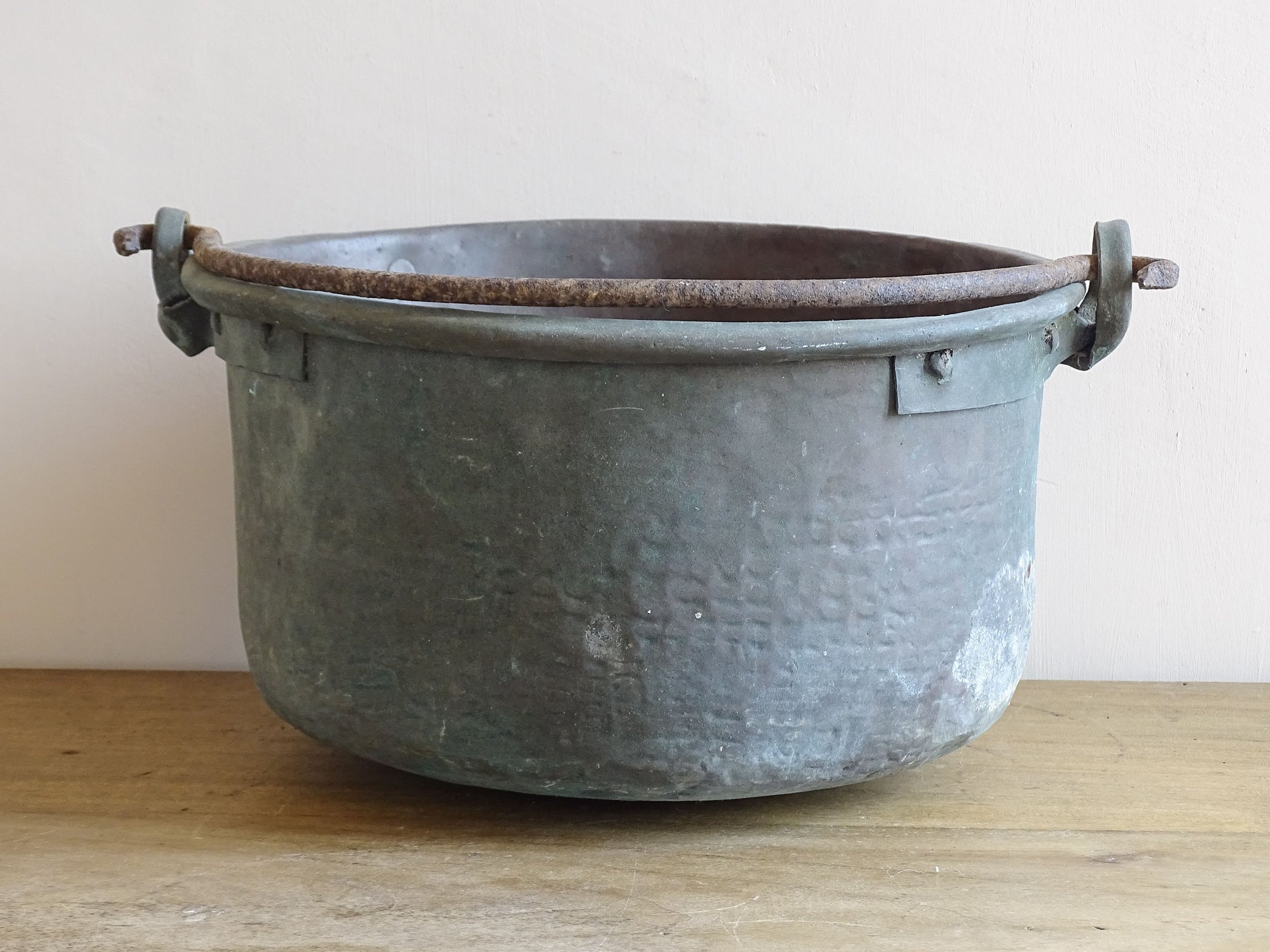 Worn Antique Copper Cauldron with Verdigris