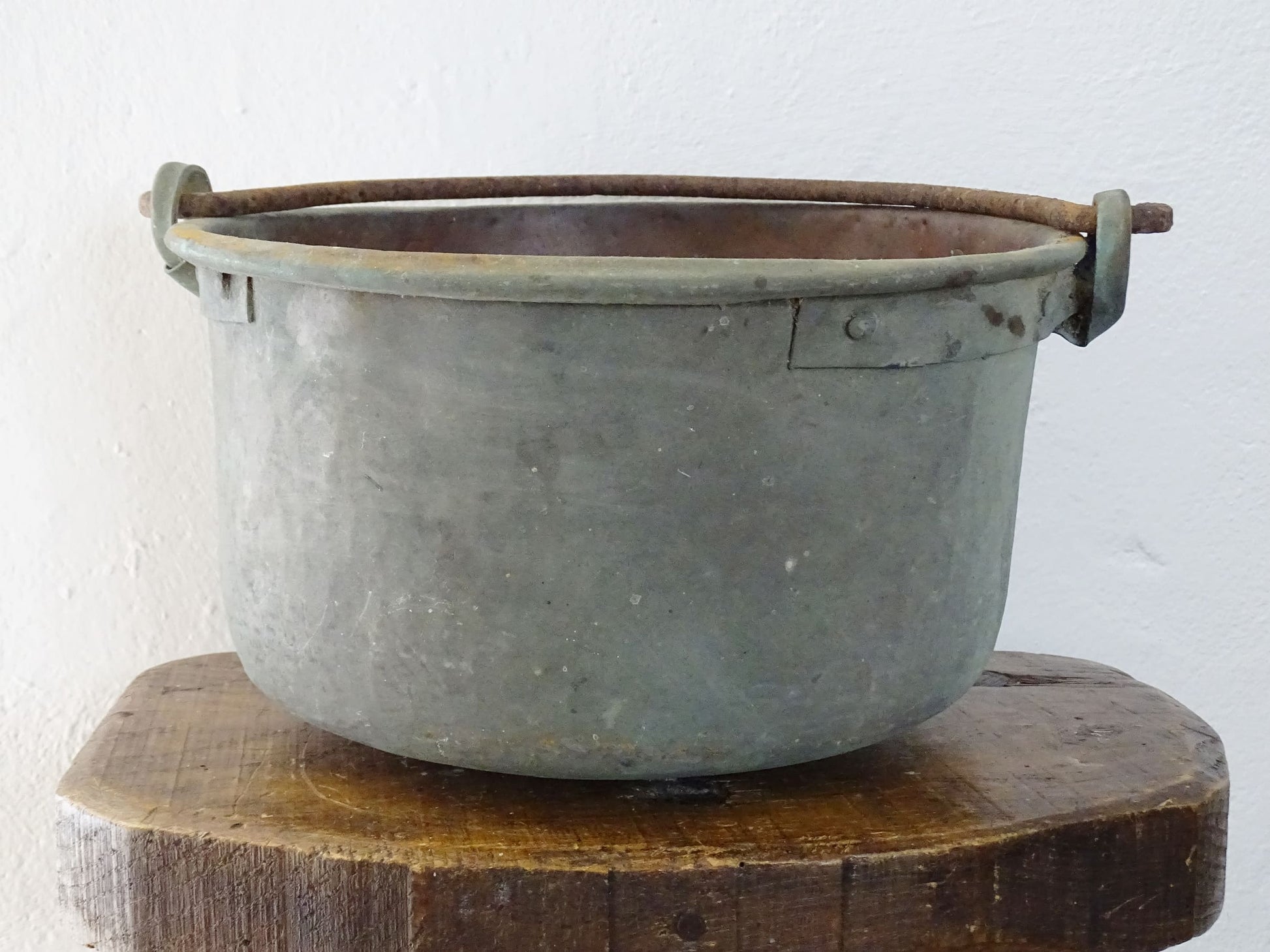 Worn Antique Copper Cauldron with Verdigris