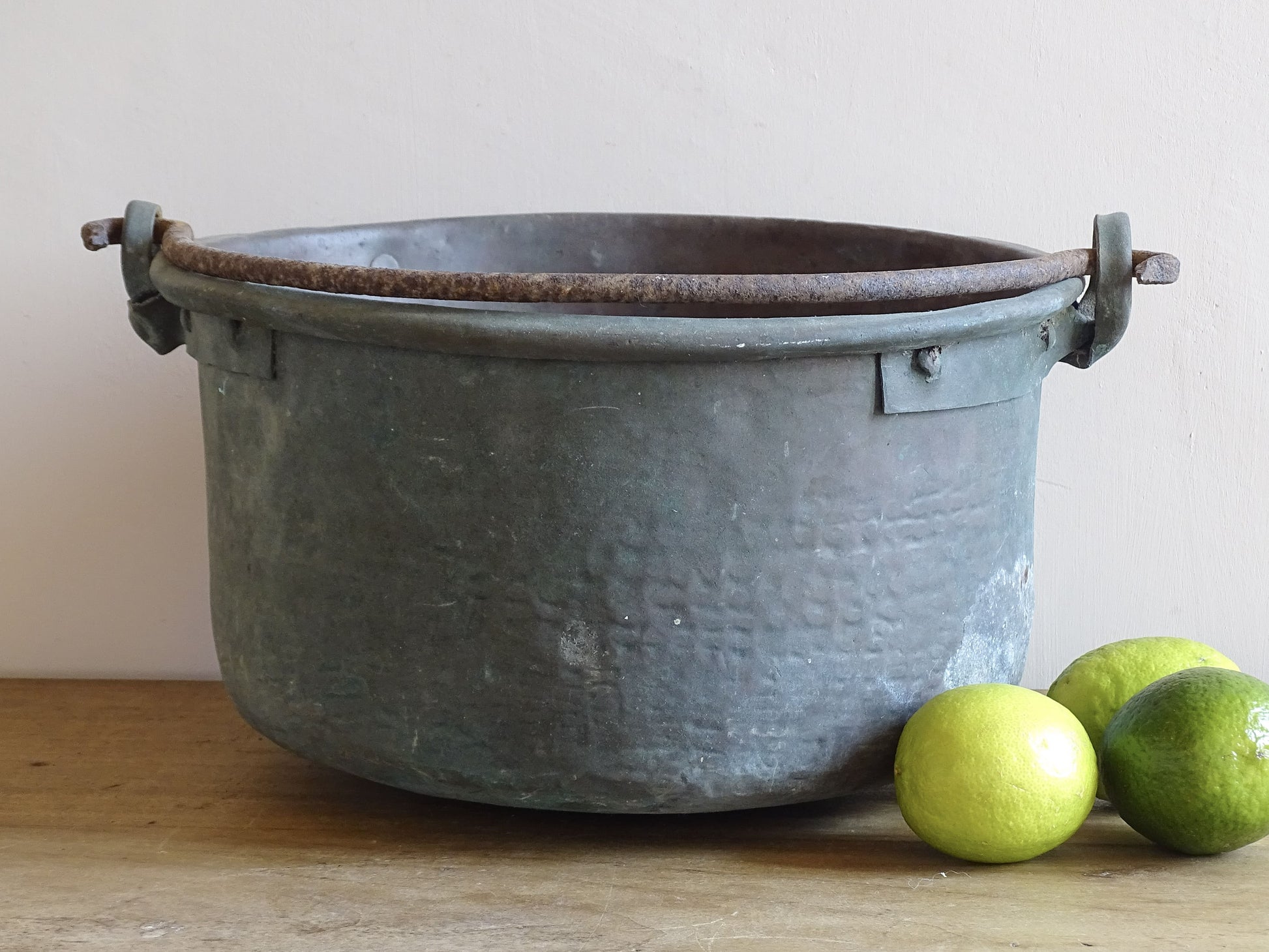 Worn Antique Copper Cauldron with Verdigris