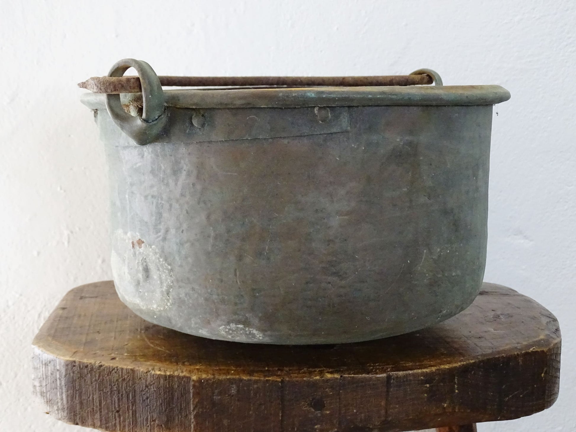 Worn Antique Copper Cauldron with Verdigris