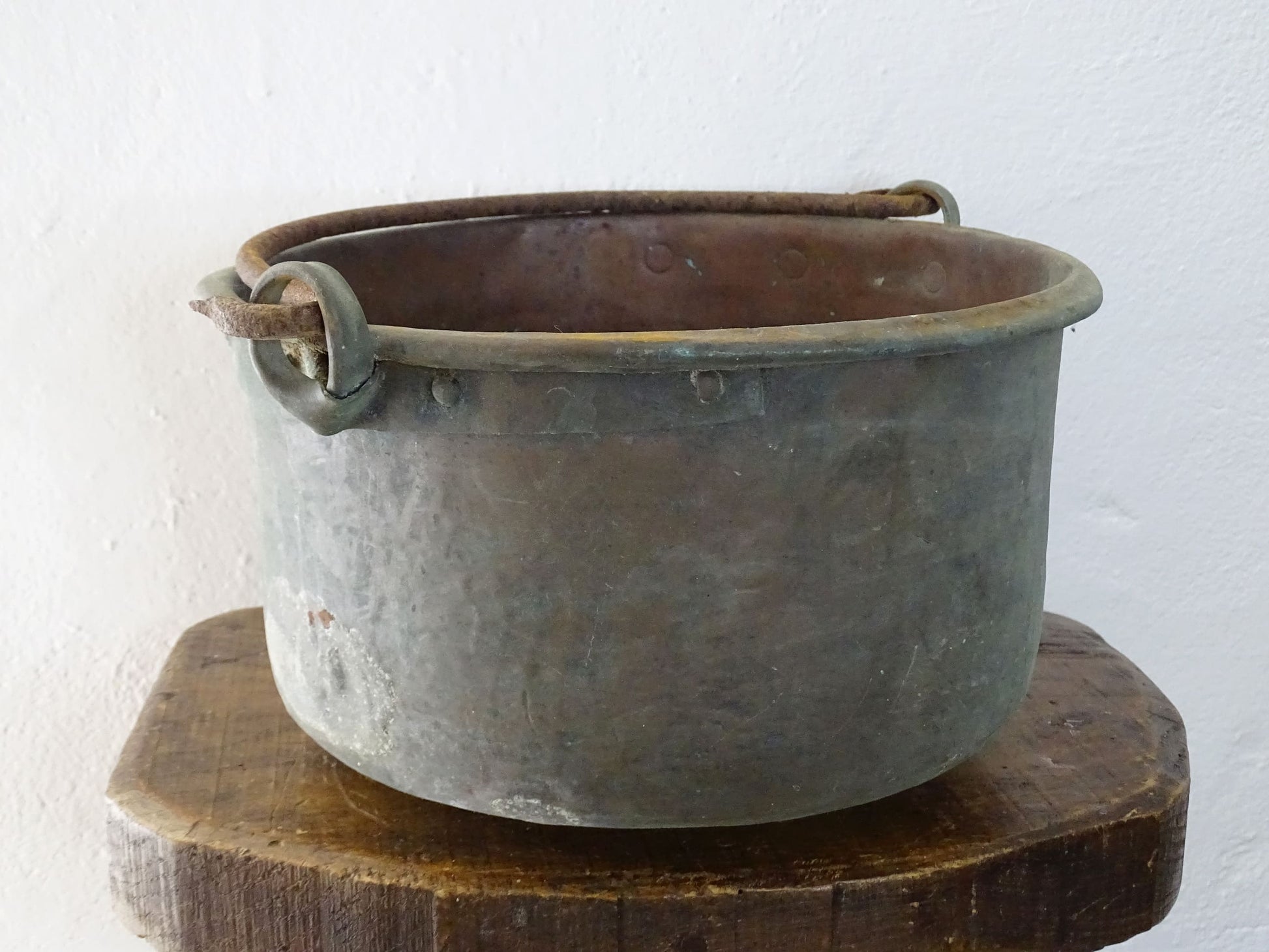 Worn Antique Copper Cauldron with Verdigris