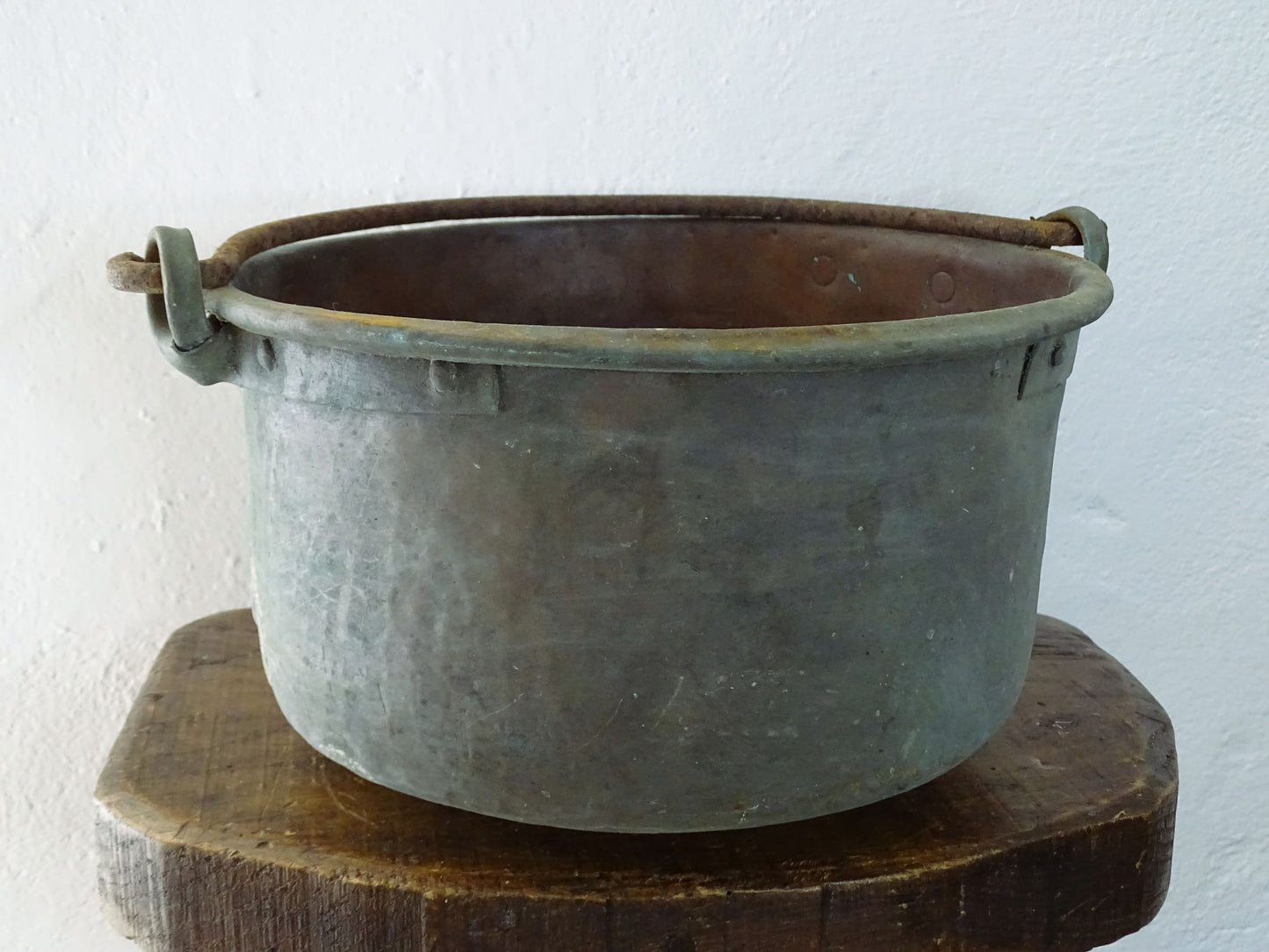 Worn Antique Copper Cauldron with Verdigris