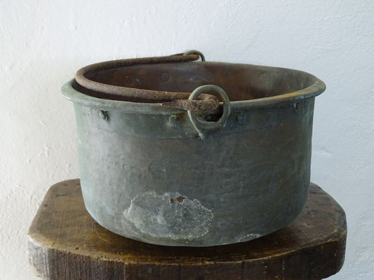 Worn Antique Copper Cauldron with Verdigris