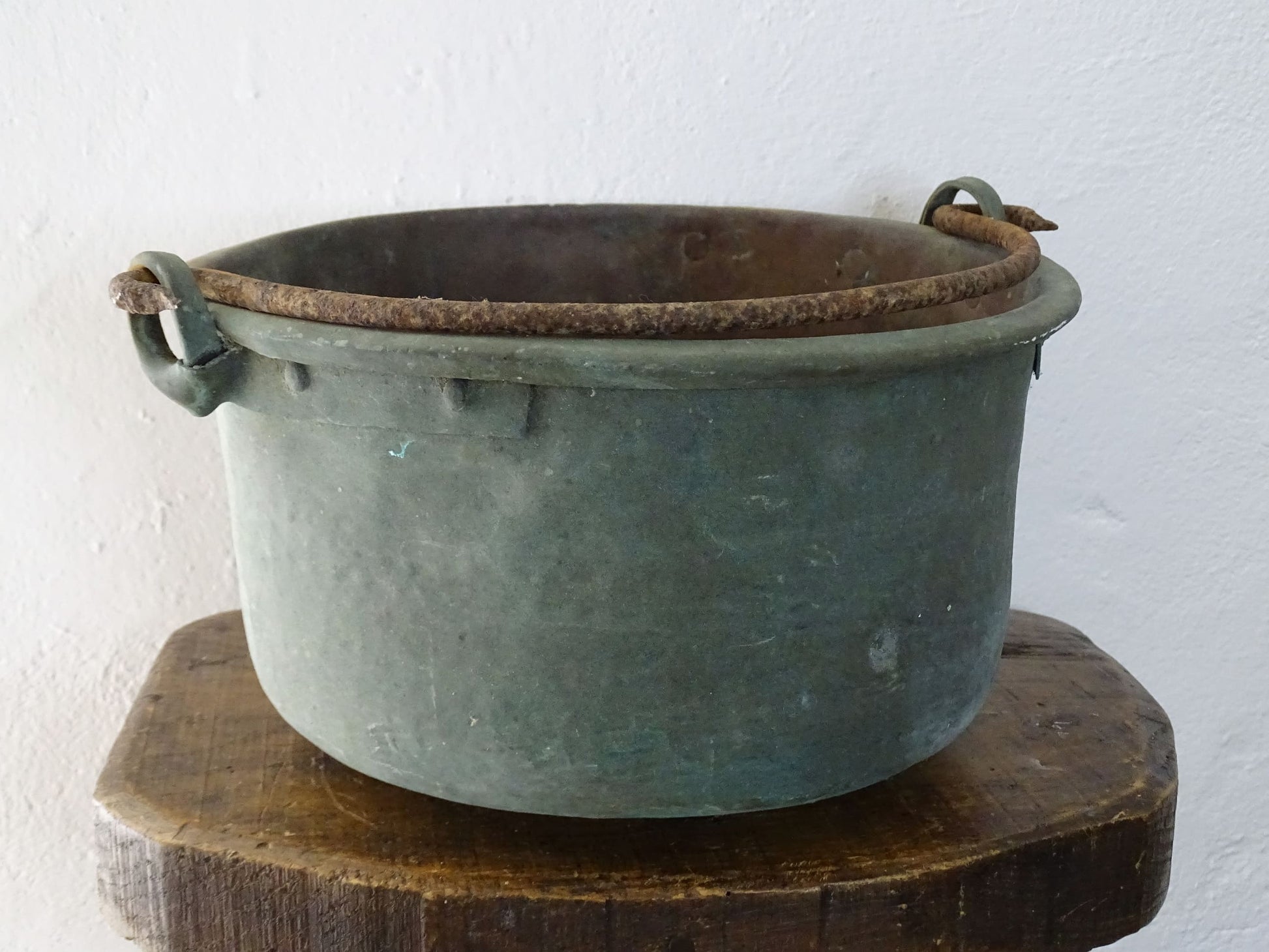 Worn Antique Copper Cauldron with Verdigris