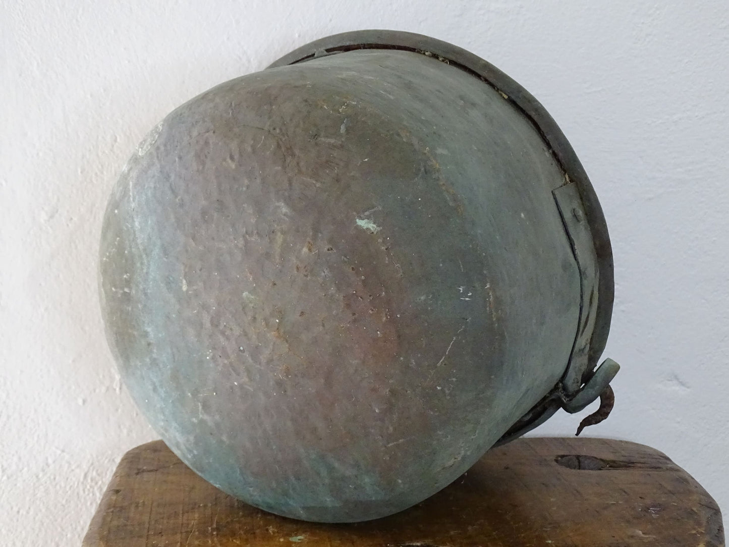 Worn Antique Copper Cauldron with Verdigris