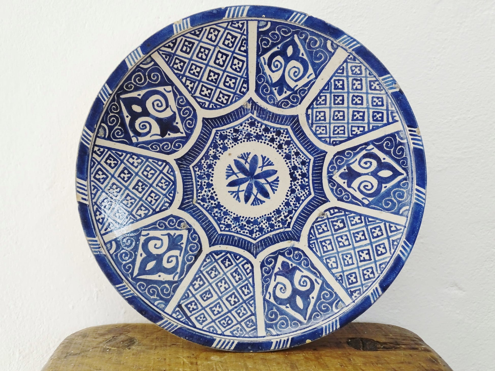 19th Century Antique Blue Moroccan Terracotta Charger with Hand-Painted Design