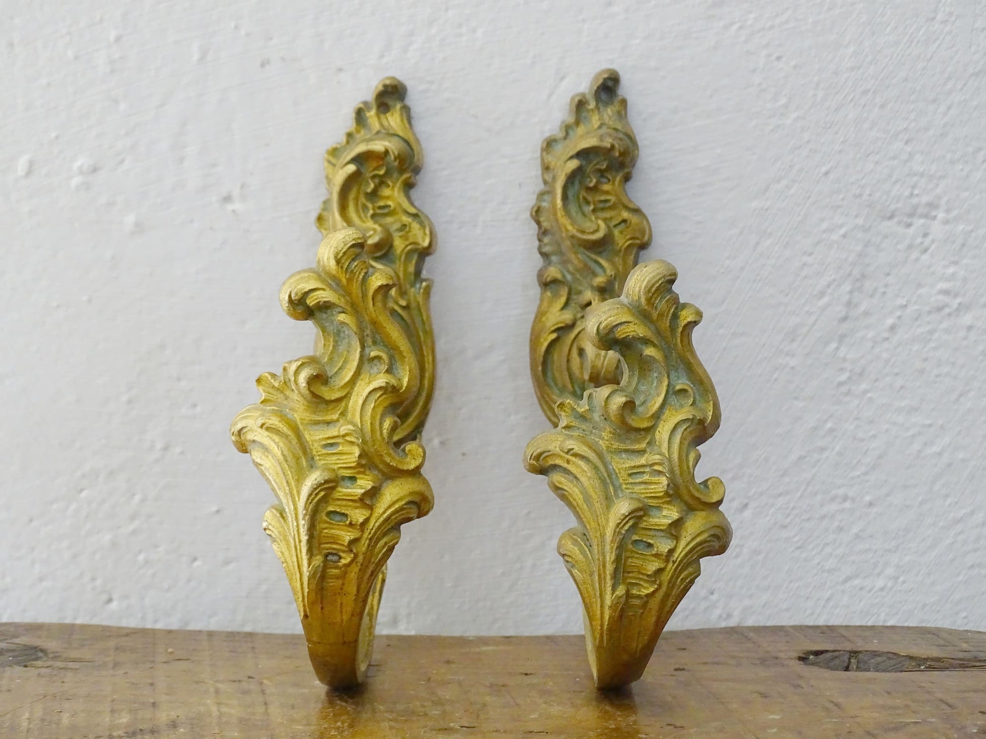 French Antique Curtain Holdbacks in Gilt with acanthus leaf detailing and rococo style