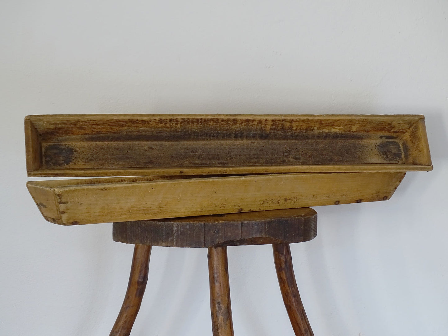 Pair of antique French baguette boxes. Rustic antique wooden bread boxes with patina for a French farmhouse interior. Pair of Antique Wooden Baguette Proving Boxes