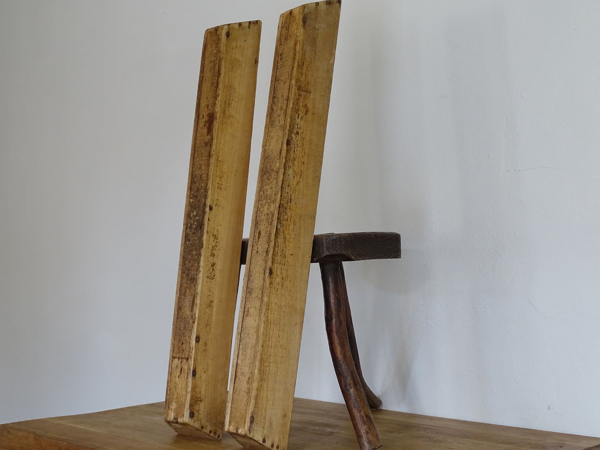 Pair of antique French baguette boxes. Rustic antique wooden bread boxes with patina for a French farmhouse interior. Pair of Antique Wooden Baguette Proving Boxes