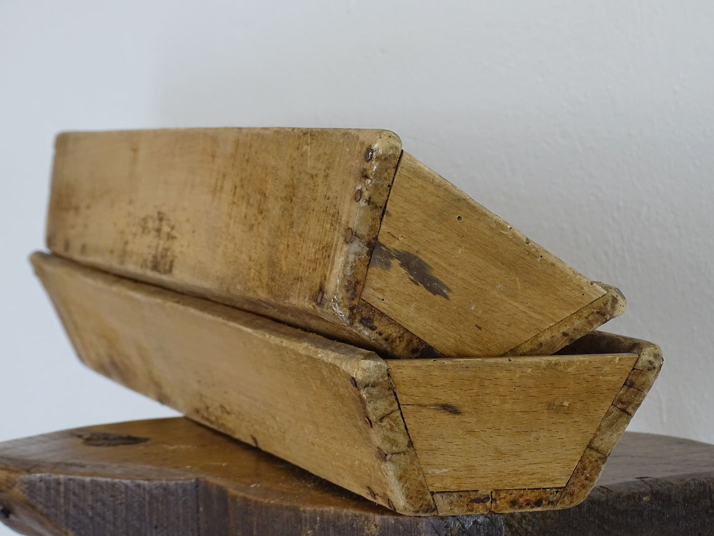 Pair of antique French baguette boxes. Rustic antique wooden bread boxes with patina for a French farmhouse interior. Pair of Antique Wooden Baguette Proving Boxes