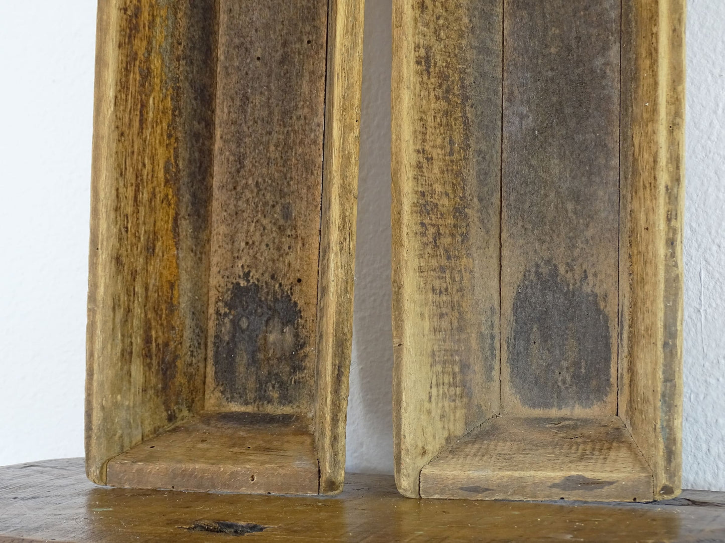 Pair of antique French baguette boxes. Rustic antique wooden bread boxes with patina for a French farmhouse interior. Pair of Antique Wooden Baguette Proving Boxes