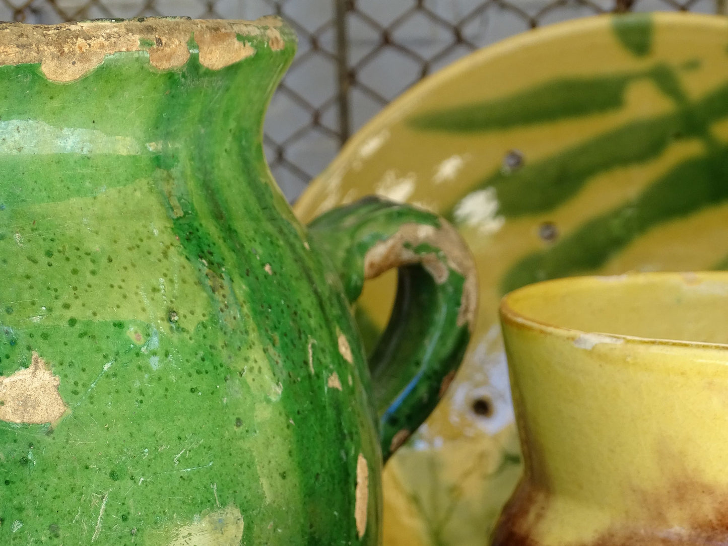 French antique confit pot with green glaze