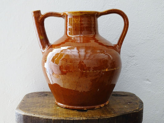 French antique glazed terracotta pottery orjol jug or pitcher with deep orange colour glaze 