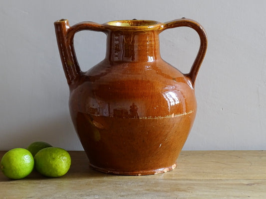 French antique glazed terracotta pottery orjol jug or pitcher with deep orange colour glaze