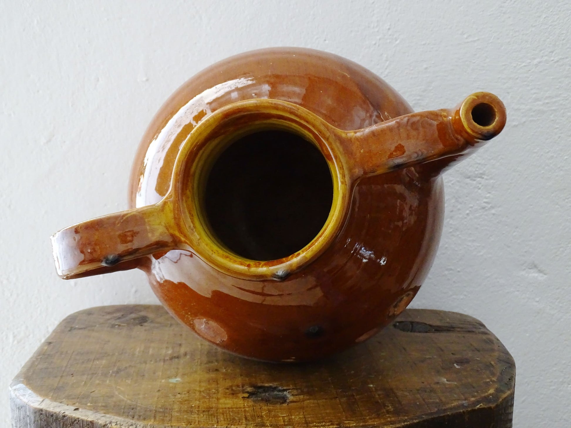 French antique glazed terracotta pottery orjol jug or pitcher with deep orange colour glaze