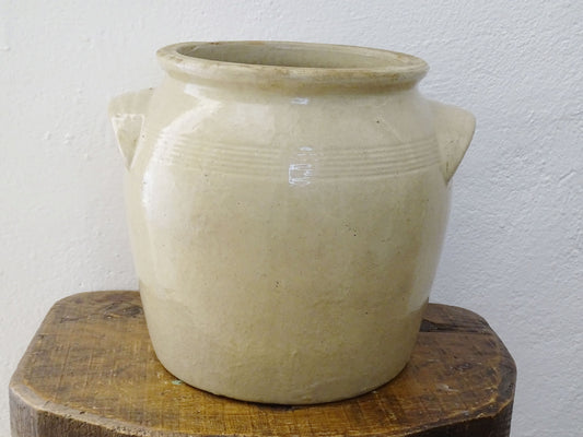 Antique French Stoneware Confit Pot with Pale Glaze 10.2"