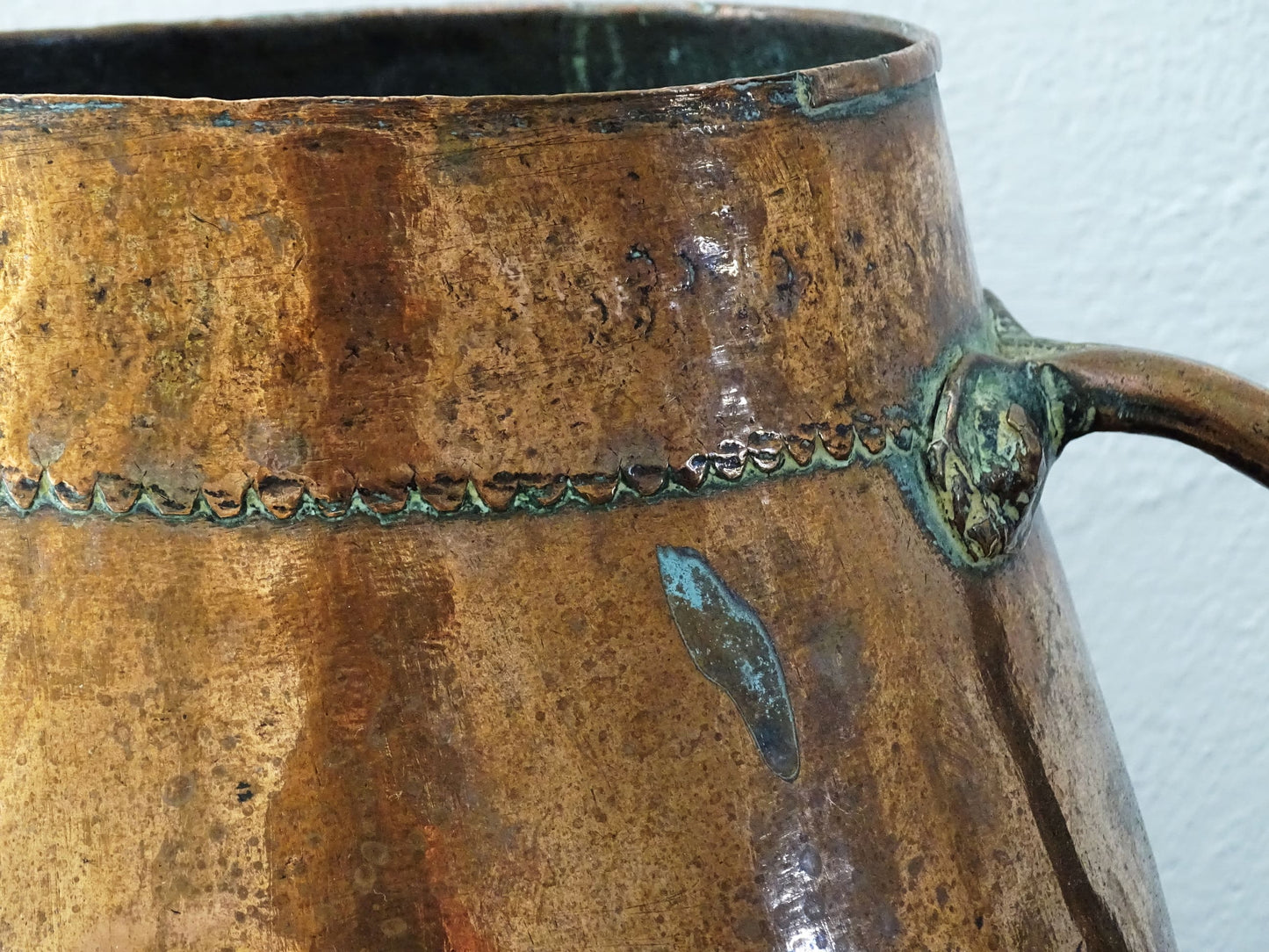 tapered antique french copper vessel or pot with twin handles and a rounded bottom