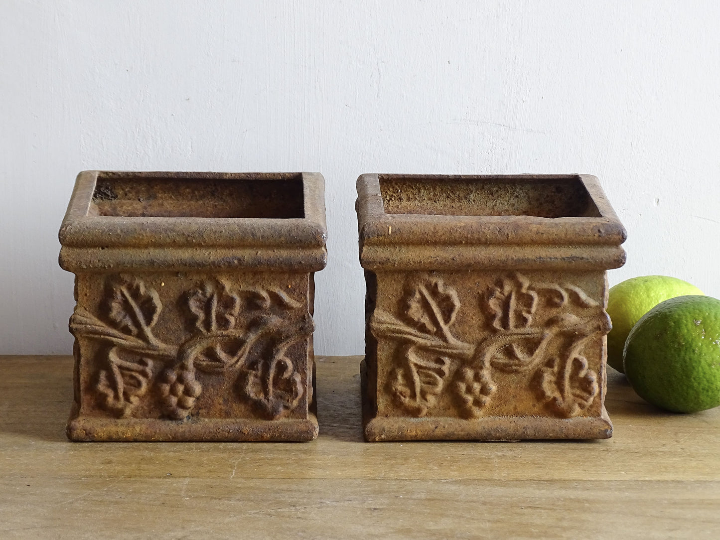 Pair of French antique cast iron planters. Square plant pots with grape and vine decoration. Indoor or outdoor decor. 