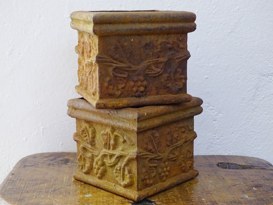 A pair of small square antique french cast iron planters or plant pots with grape and vine decoration