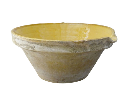 Antique French tian bowl with yellow glaze. Terracotta pottery bowl or earthenware gresale for a rustic French country house aesthetic. 