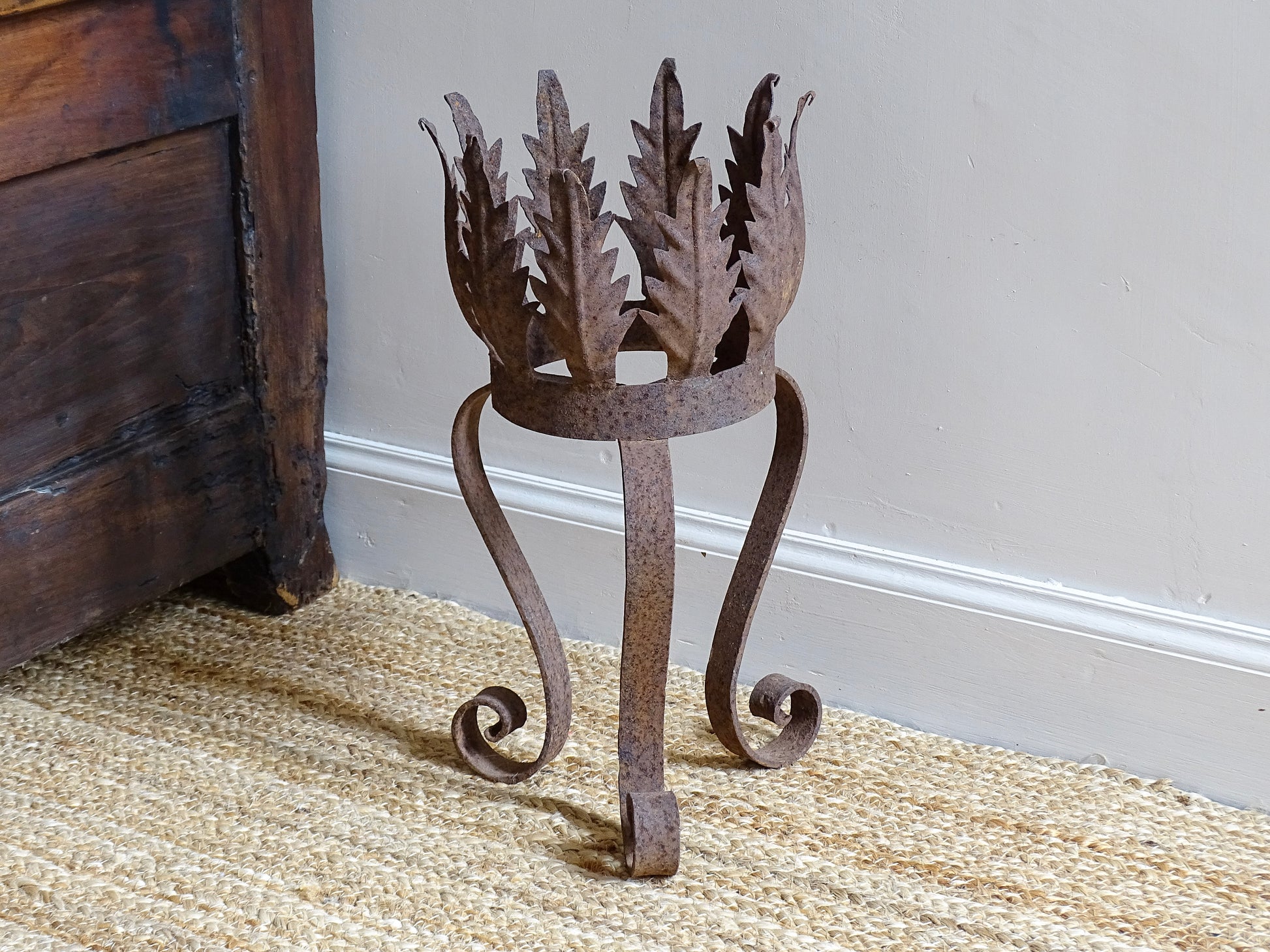 Vintage Spanish Metal Plant Stand with Leaves, Cylindrical Planter with Crown and Tripod Stand. 