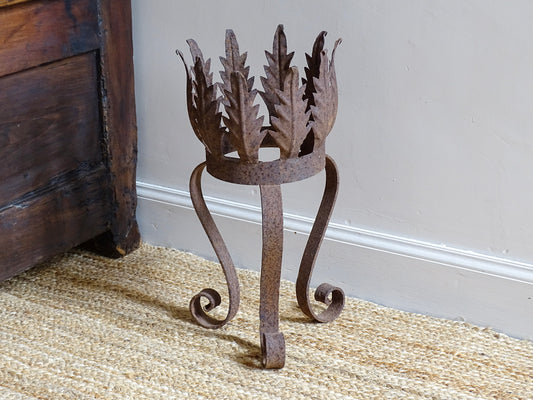 Vintage Spanish Metal Plant Stand with Leaves, Cylindrical Planter with Crown and Tripod Stand. 
