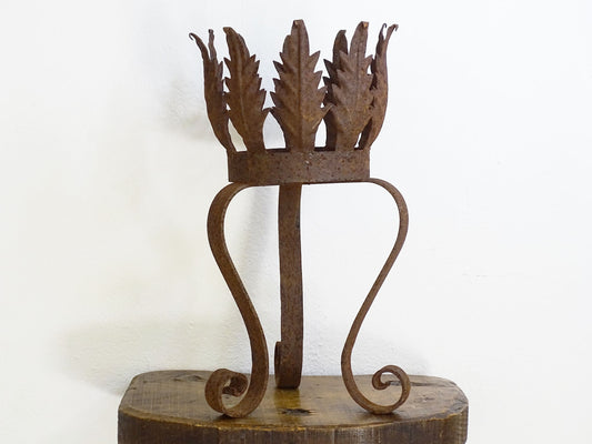 Vintage Spanish Metal Plant Stand with Leaves, Cylindrical Planter with Crown and Tripod Stand. 