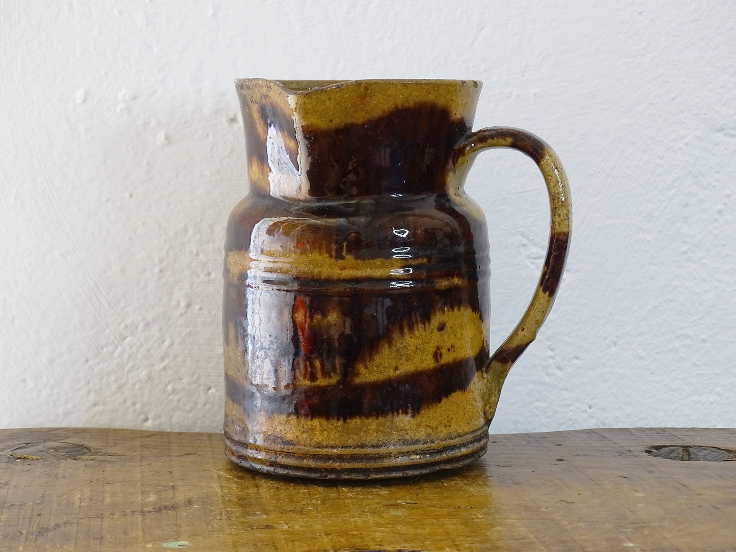 French antique Dieulefit ceramic jug or pitcher with brown drip glaze.