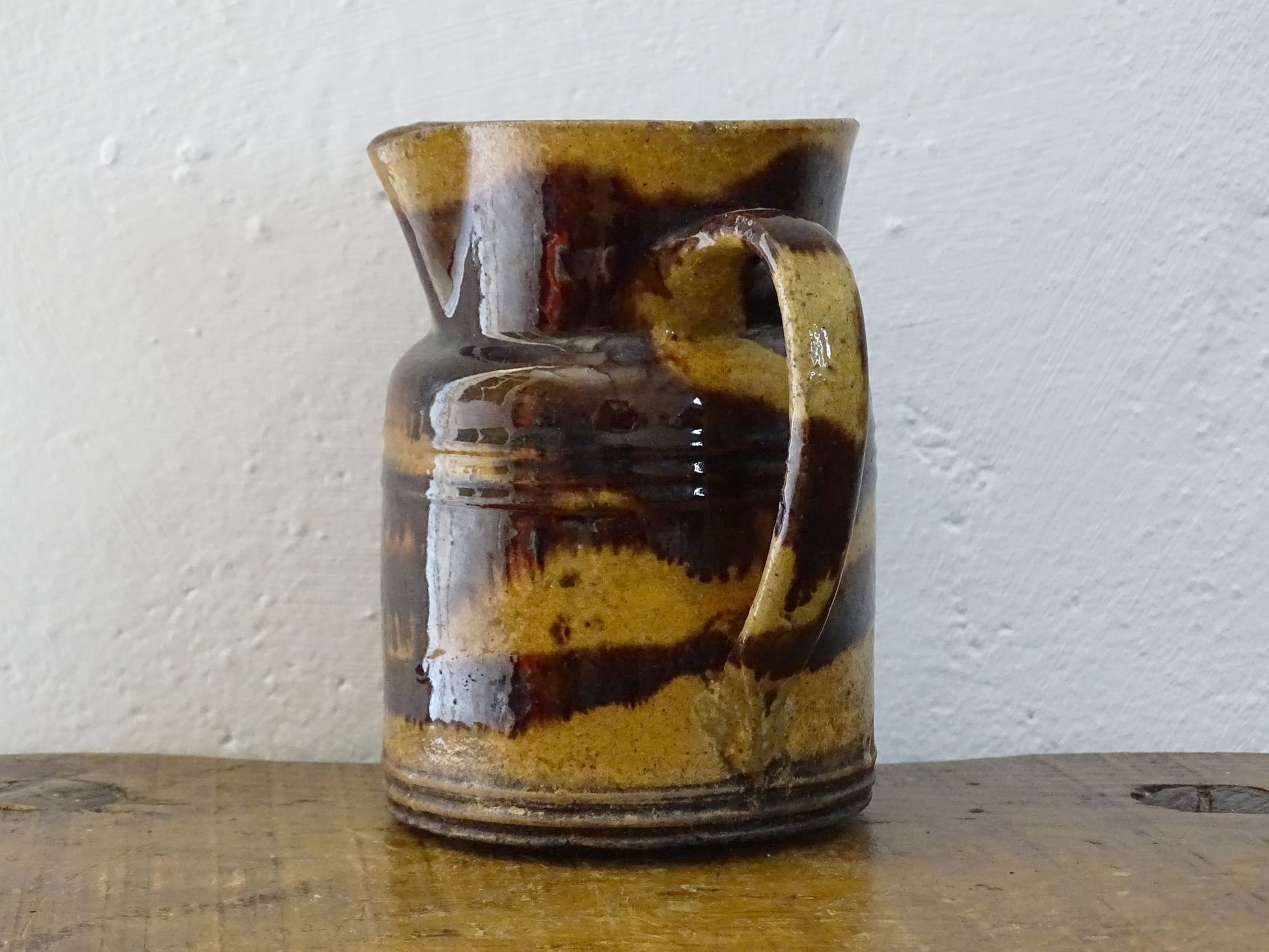 French antique Dieulefit ceramic jug or pitcher with brown drip glaze.