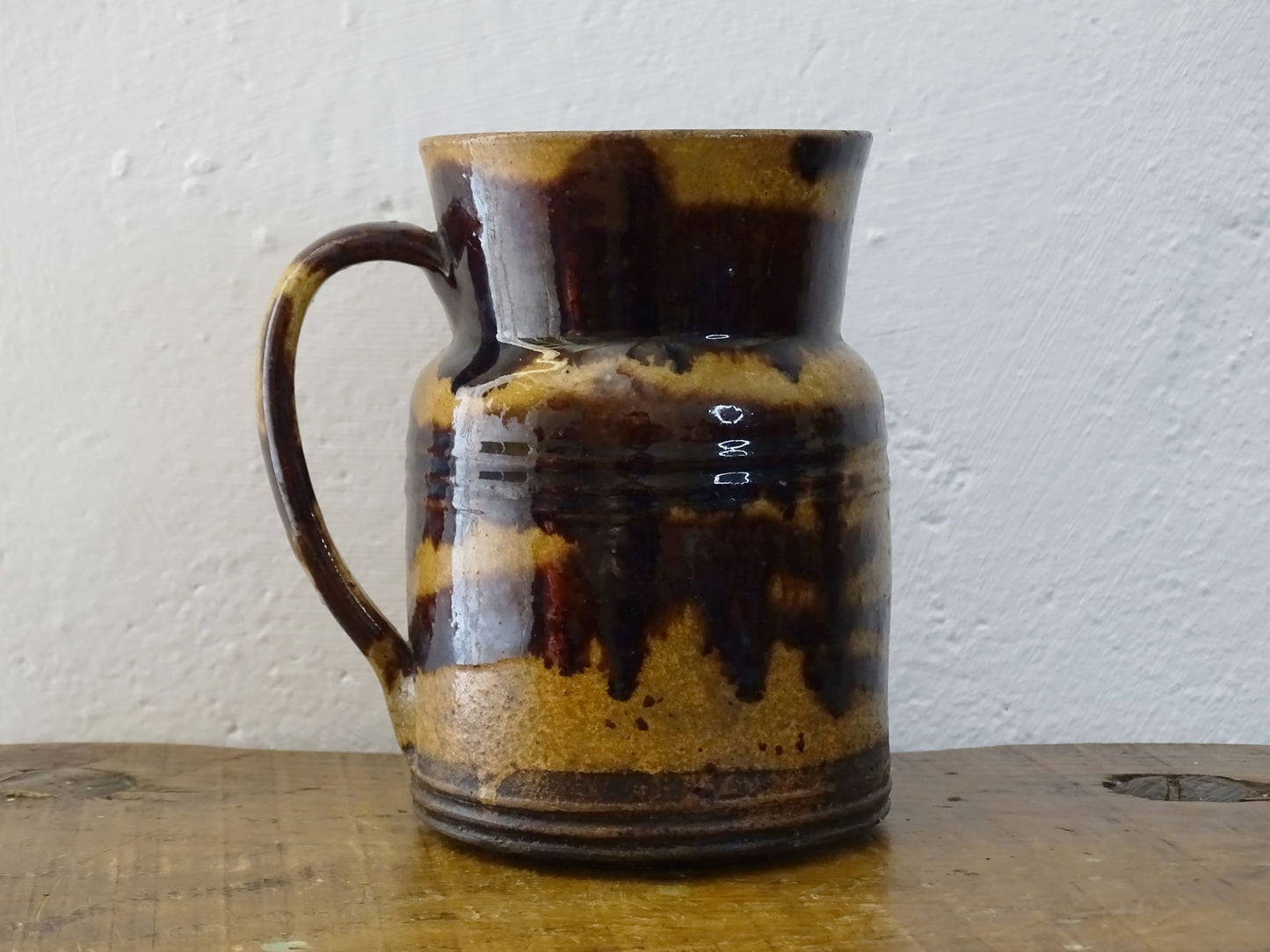 French antique Dieulefit ceramic jug or pitcher with brown drip glaze.