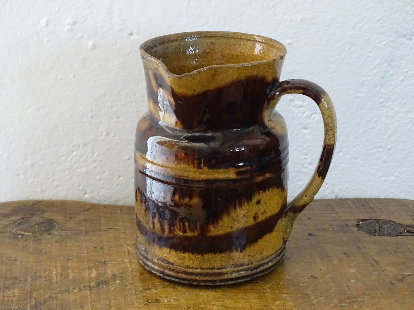 French antique Dieulefit ceramic jug or pitcher with brown drip glaze. 