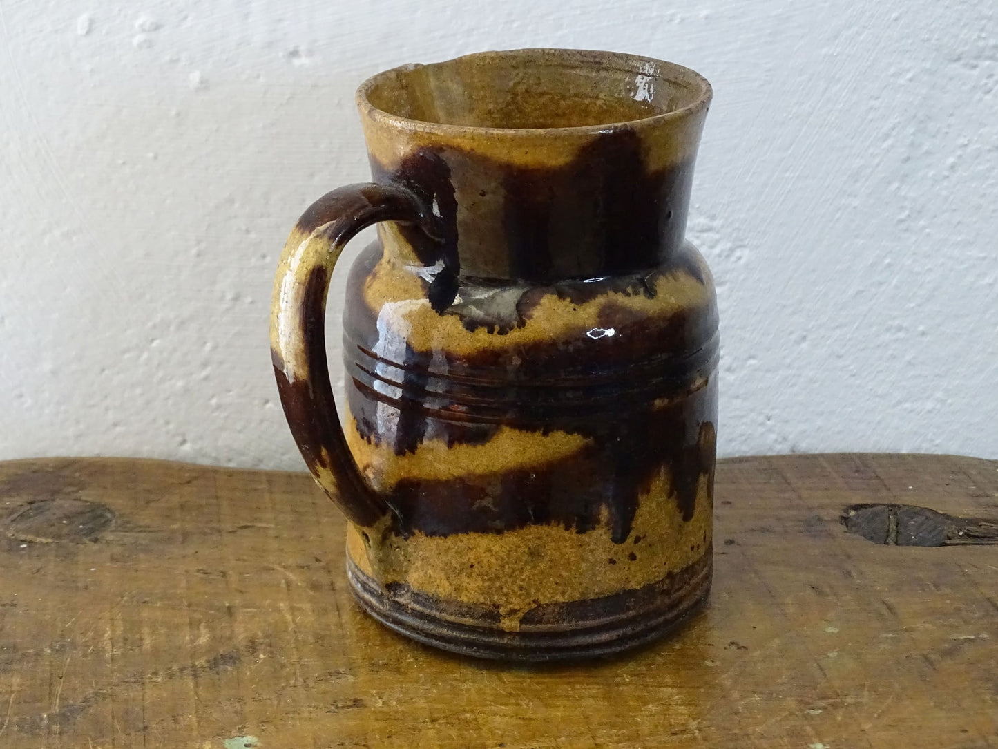 French antique Dieulefit ceramic jug or pitcher with brown drip glaze.