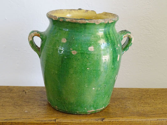 French antique confit pot with green glaze and yellow glazed interior, with two handles