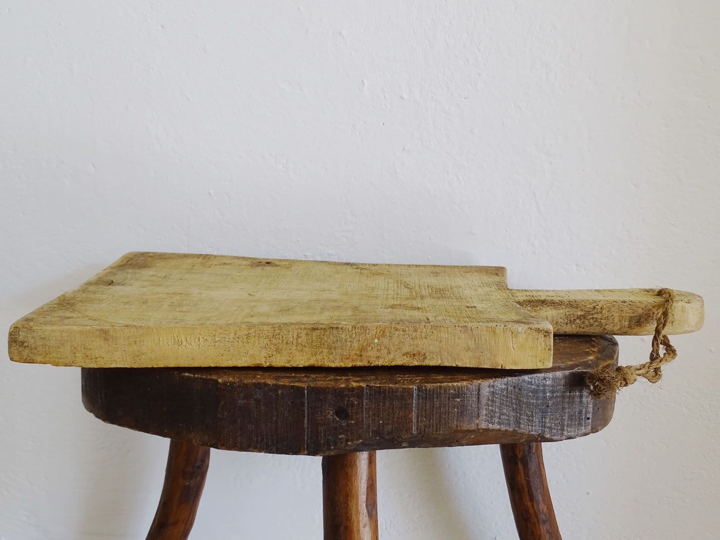 French antique wooden cutting board or chopping board with handle and rich patina