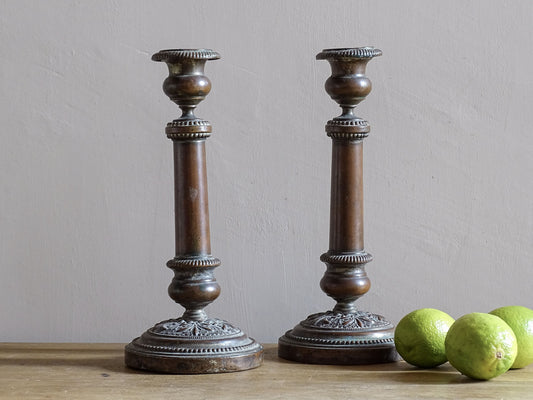French antique copper candlesticks, ornate antique candle holders with round base