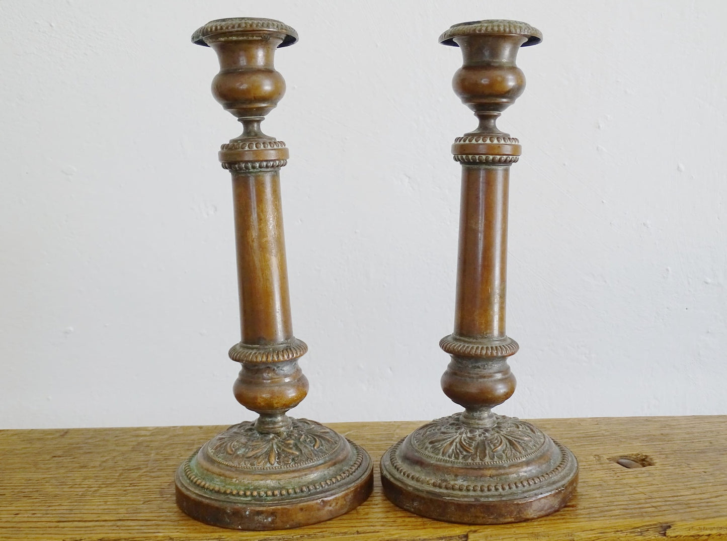 French antique copper candlesticks, ornate antique candle holders with round base