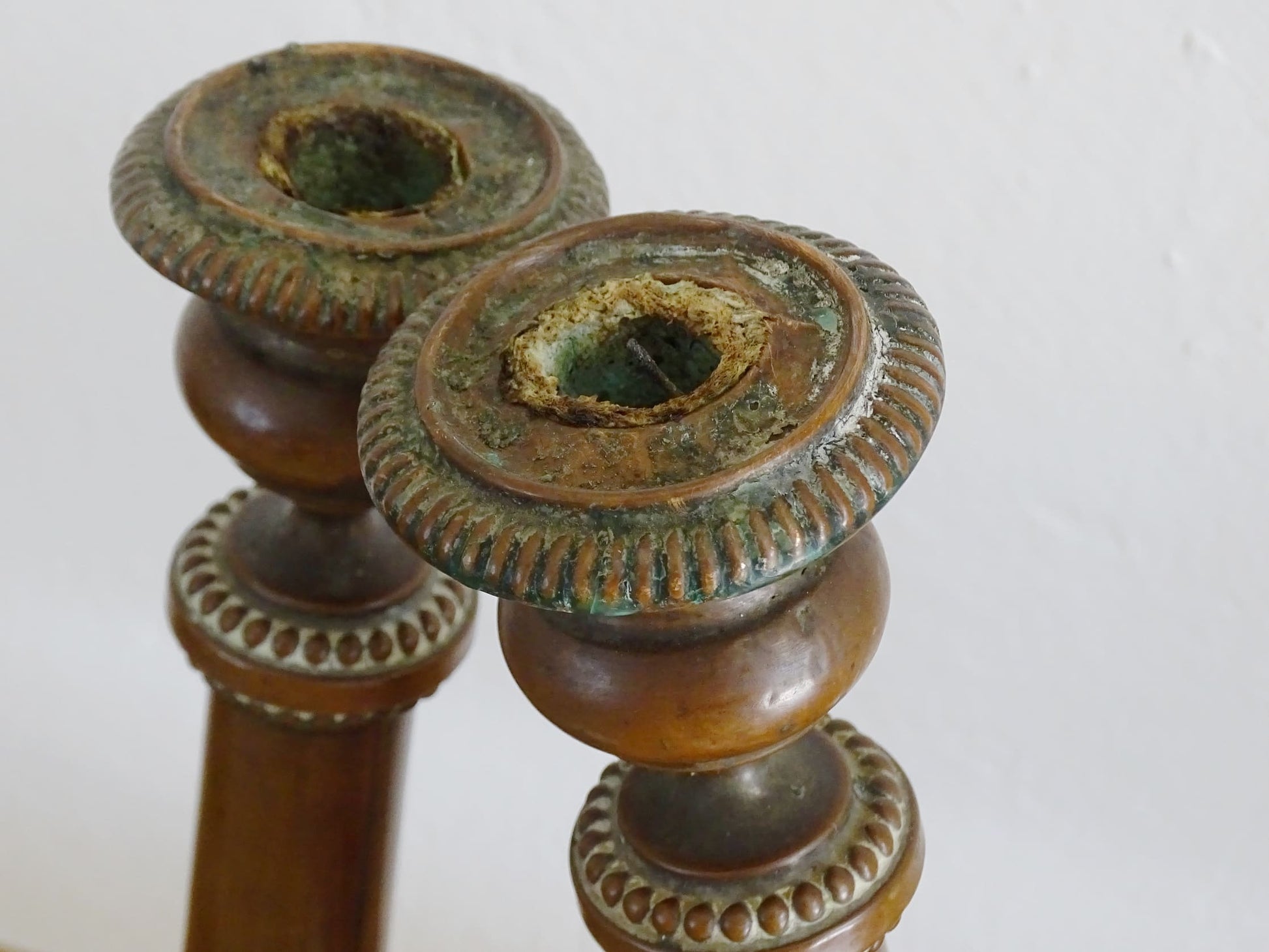 French antique copper candlesticks, ornate antique candle holders with round base