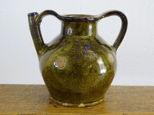 French antique terracotta orjol or jug with green glaze from Languedoc 