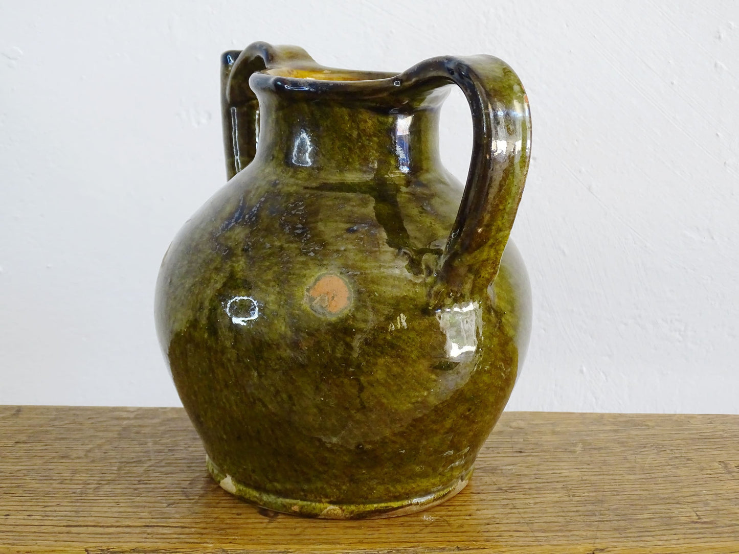 French antique terracotta orjol or jug with green glaze from Languedoc 