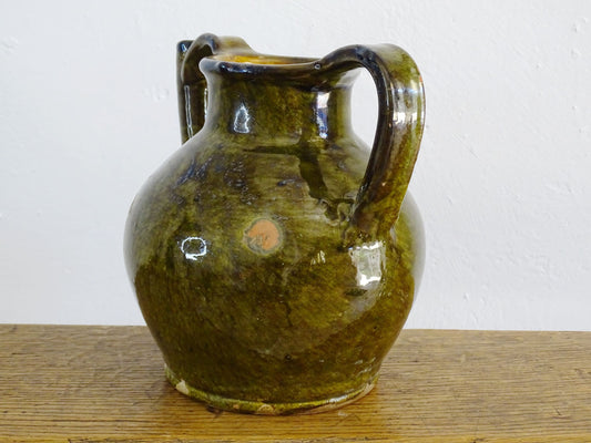 French antique terracotta orjol or jug with green glaze from Languedoc 