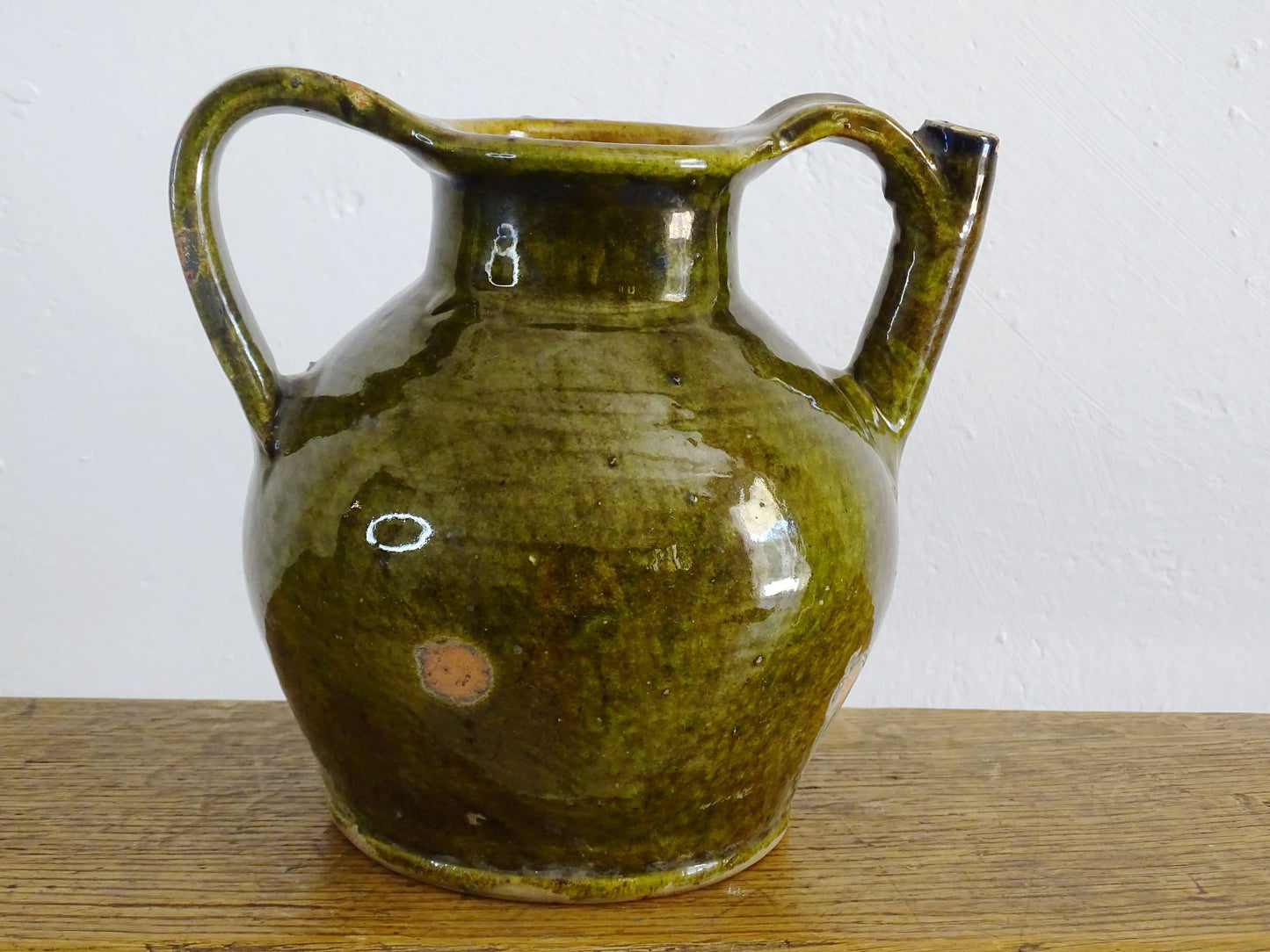 French antique terracotta orjol or jug with green glaze from Languedoc 