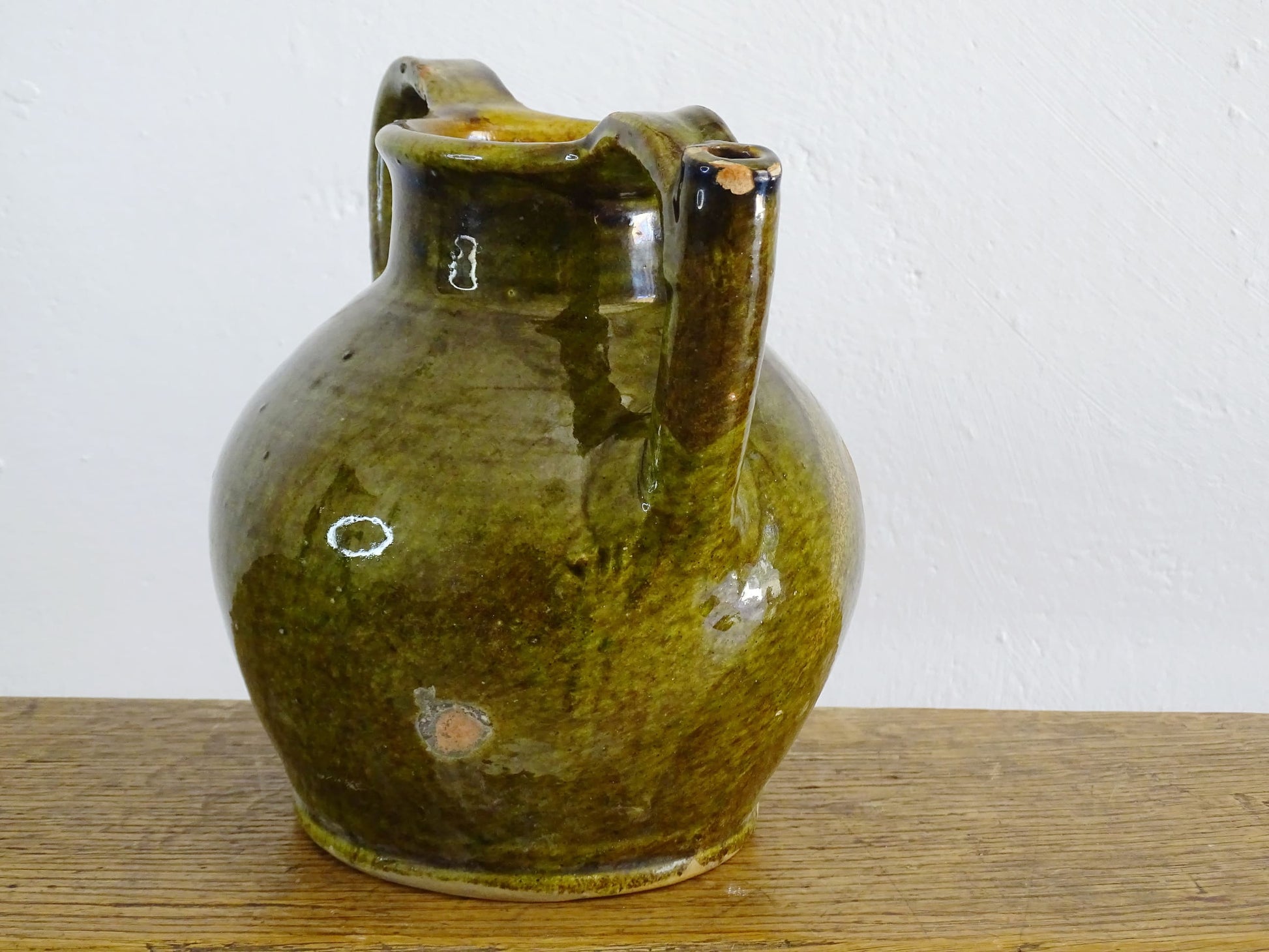 French antique terracotta orjol or jug with green glaze from Languedoc 