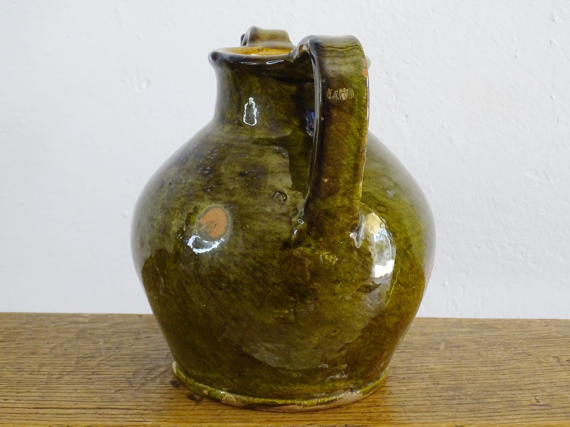 French antique terracotta orjol or jug with green glaze from Languedoc 