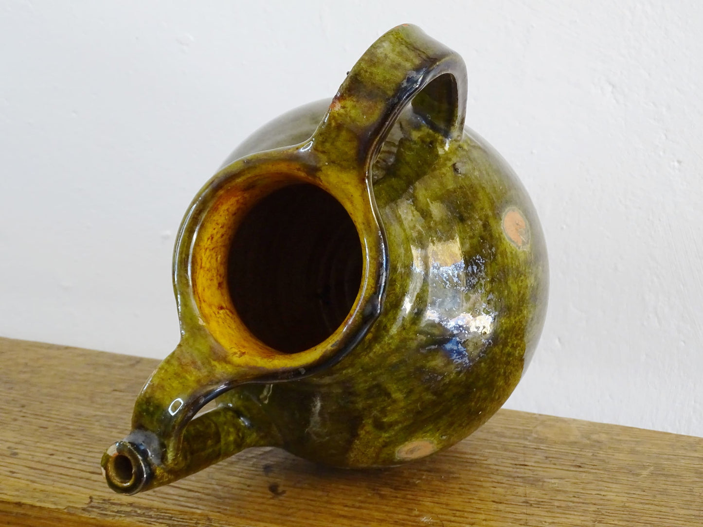 French antique terracotta orjol or jug with green glaze from Languedoc 